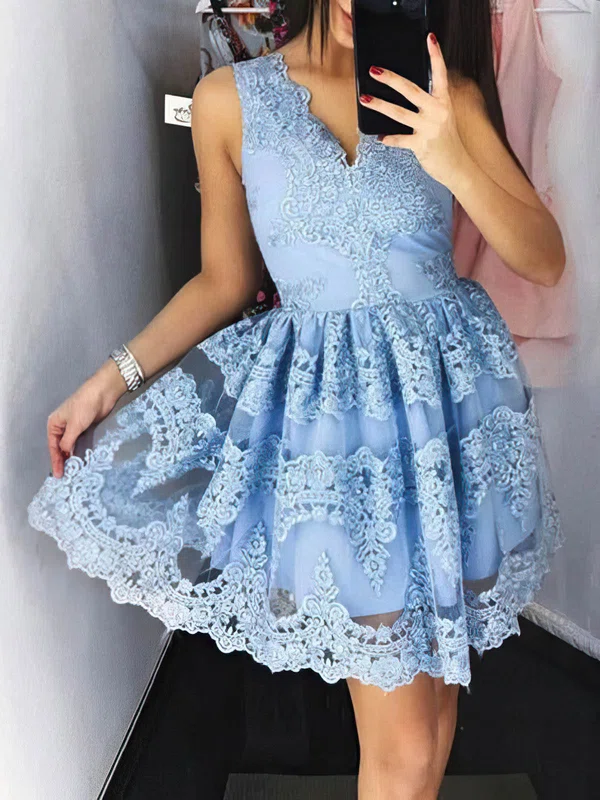 A-line V-neck Tulle Short/Mini Homecoming Dresses With Lace Appliques Lace #Favs020109116