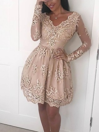 A-line V-neck Tulle Short/Mini Homecoming Dresses With Lace Appliques Lace #Favs020109117 A-line V-neck Tulle Short/Mini Homecoming Dresses With Lace Appliques Lace #Favs020109117