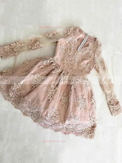 A-line V-neck Tulle Short/Mini Homecoming Dresses With Lace Appliques Lace #Favs020109117