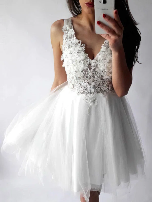 A-line V-neck Tulle Short/Mini Homecoming Dresses With Appliques Lace #Favs020109121