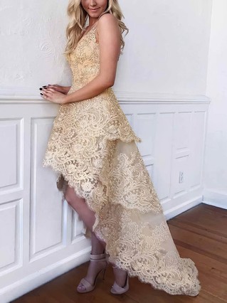 A-line V-neck Lace Tulle Asymmetrical Homecoming Dresses With Appliques Lace #Favs020109123