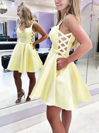 A-line V-neck Satin Short/Mini Homecoming Dresses With Pockets #Favs020109323 A-line V-neck Satin Short/Mini Homecoming Dresses With Pockets #Favs020109323