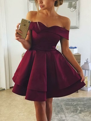 A-line Off-the-shoulder Satin Short/Mini Homecoming Dresses With Tiered #Favs020109346