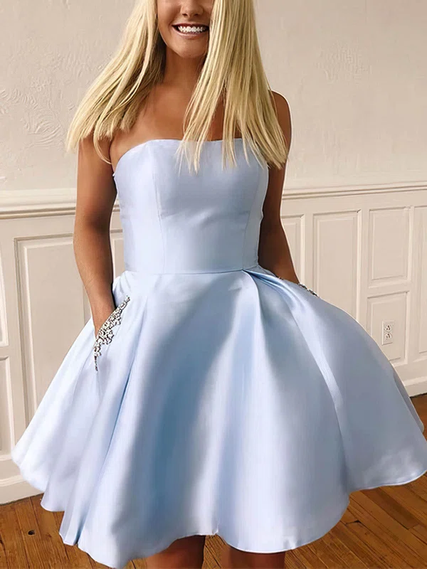 A-line Strapless Satin Short/Mini Homecoming Dresses With Beading Pockets #Favs020109348