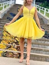 A-line V-neck Tulle Short/Mini Homecoming Dresses With Beading Sashes / Ribbons #Favs020109351