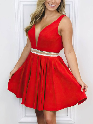A-line V-neck Satin Short/Mini Homecoming Dresses With Beading #Favs020109360