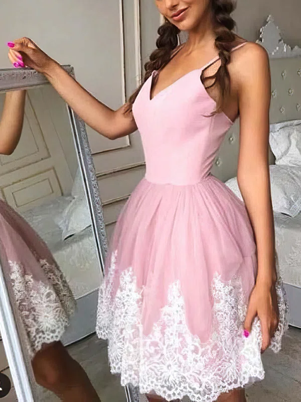 A-line V-neck Tulle Short/Mini Homecoming Dresses With Appliques Lace #Favs020109361