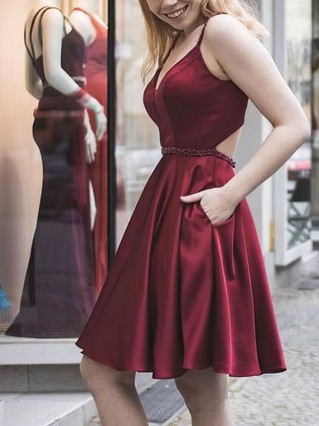 A-line V-neck Satin Knee-length Homecoming Dresses With Pockets Pearl Detailing #Favs020109364 A-line V-neck Satin Knee-length Homecoming Dresses With Pockets Pearl Detailing #Favs020109364