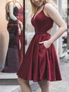 A-line V-neck Satin Knee-length Homecoming Dresses With Pockets Pearl Detailing #Favs020109364