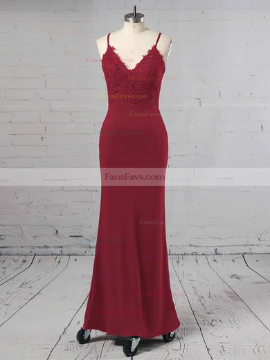 Sheath/Column V-neck Jersey Floor-length Appliques Lace Prom Dresses #Favs020103574