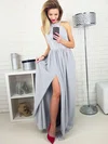 A-line Scoop Neck Lace Silk-like Satin Floor-length Split Front Prom Dresses #Favs020105172