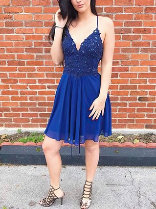 A-line V-neck Chiffon Short/Mini Homecoming Dresses With Appliques Lace Sequins #Favs020109371