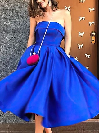 A-line Strapless Satin Tea-length Homecoming Dresses With Pockets #Favs020109374 A-line Strapless Satin Tea-length Homecoming Dresses With Pockets #Favs020109374