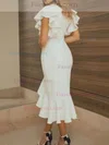 Sheath/Column V-neck Stretch Crepe Tea-length Ruffles Prom Dresses #Favs020107996