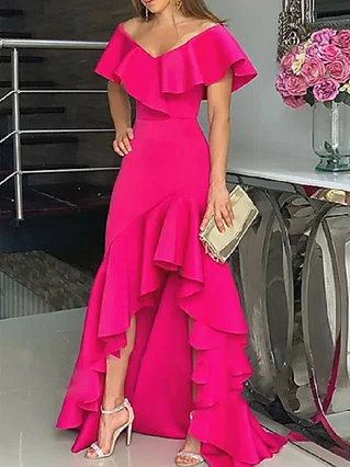 Sheath/Column V-neck Stretch Crepe Asymmetrical Flower(s) Short Prom Dresses #Favs020107988