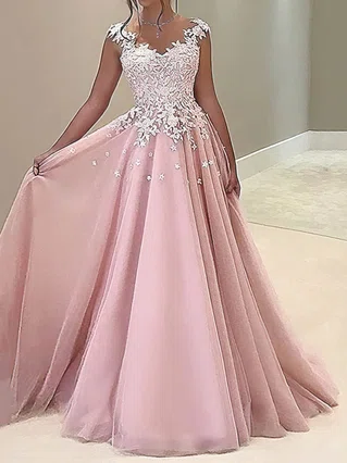 A-line Scoop Neck Chiffon Sweep Train Appliques Lace Prom Dresses #Favs020107983 A-line Scoop Neck Chiffon Sweep Train Appliques Lace Prom Dresses #Favs020107983