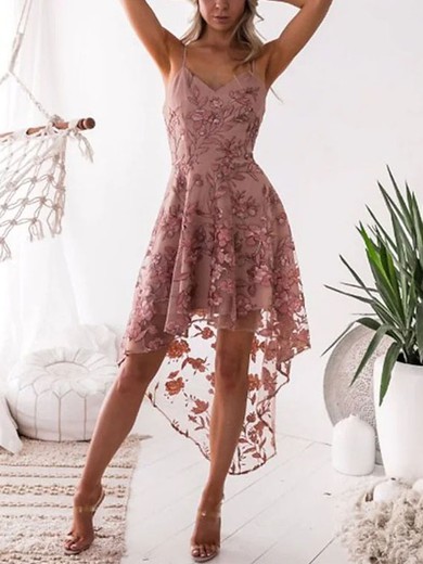 A-line V-neck Tulle Lace Asymmetrical Appliques Lace Short Prom Dresses #Favs020107972