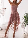 A-line V-neck Tulle Lace Asymmetrical Appliques Lace Prom Dresses #Favs020107972