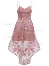 A-line V-neck Tulle Lace Asymmetrical Appliques Lace Prom Dresses #Favs020107972