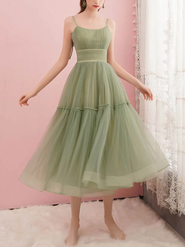 A-line Square Neckline Tulle Tea-length Prom Dresses #Favs020108349