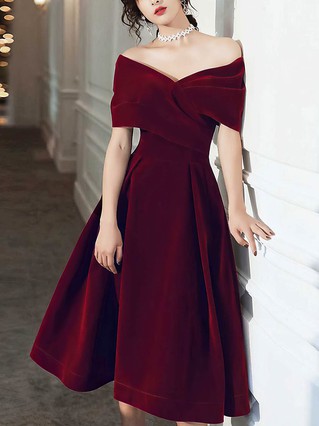 A-line Off-the-shoulder Velvet Tea-length Prom Dresses #Favs020108386 A-line Off-the-shoulder Velvet Tea-length Prom Dresses #Favs020108386