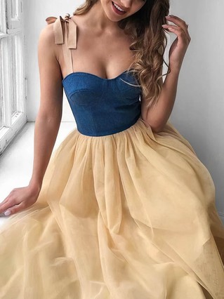 A-line Sweetheart Tulle Tea-length Bow Prom Dresses #Favs020108473 A-line Sweetheart Tulle Tea-length Bow Prom Dresses #Favs020108473
