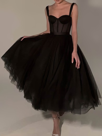 A-line V-neck Tulle Tea-length Prom Dresses #Favs020108519