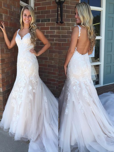 Trumpet/Mermaid V-neck Tulle Sweep Train Appliques Lace Prom Dresses #Favs020105177