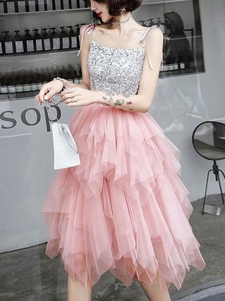 A-line Square Neckline Tulle Sequined Knee-length Tiered Short Prom Dresses #Favs020108778 A-line Square Neckline Tulle Sequined Knee-length Tiered Short Prom Dresses #Favs020108778