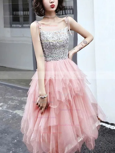 A-line Square Neckline Tulle Sequined Knee-length Tiered Short Prom Dresses #Favs020108778