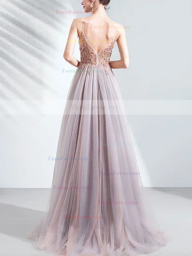 A-line V-neck Tulle Sweep Train Beading Prom Dresses #Favs020108513