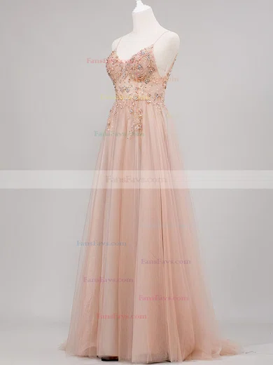 A-line V-neck Tulle Sweep Train Beading Prom Dresses #Favs020108513