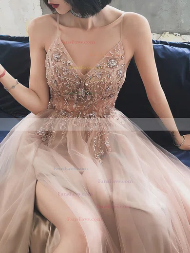 A-line V-neck Tulle Sweep Train Beading Prom Dresses #Favs020108513