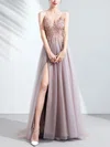 A-line V-neck Tulle Sweep Train Beading Prom Dresses #Favs020108513