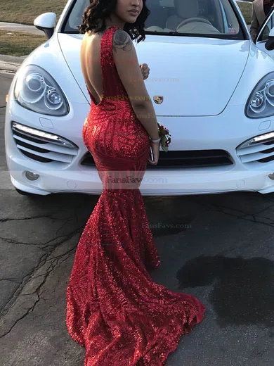 Trumpet/Mermaid V-neck Sequined Sweep Train Prom Dresses #Favs020108372