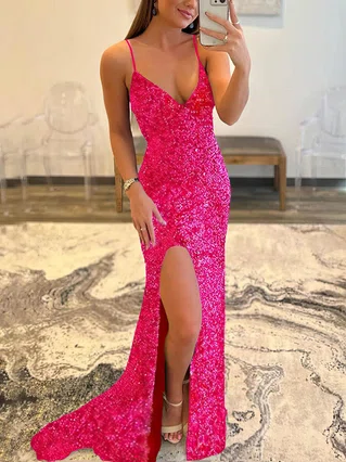 Sheath/Column V-neck Sequined Sweep Train Split Front Prom Dresses #Favs020108003 Sheath/Column V-neck Sequined Sweep Train Split Front Prom Dresses #Favs020108003