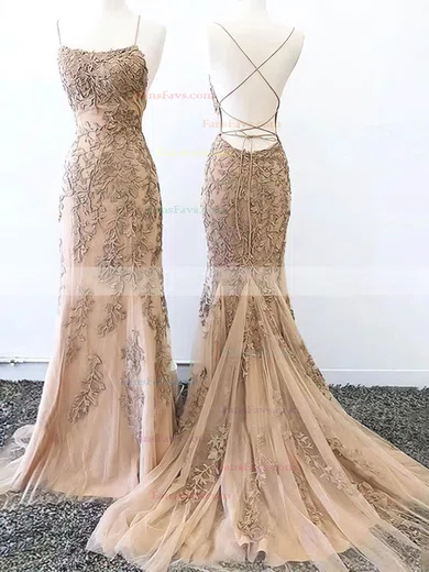 Trumpet/Mermaid Scoop Neck Lace Tulle Sweep Train Pearl Detailing Prom Dresses #Favs020108004