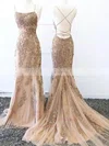 Trumpet/Mermaid Scoop Neck Lace Tulle Sweep Train Pearl Detailing Prom Dresses #Favs020108004