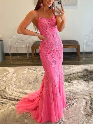 Sheath/Column Scoop Neck Tulle Sweep Train Appliques Lace Prom Dresses #Favs020108008 Sheath/Column Scoop Neck Tulle Sweep Train Appliques Lace Prom Dresses #Favs020108008