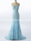 Sheath/Column Scoop Neck Tulle Sweep Train Appliques Lace Prom Dresses #Favs020108008