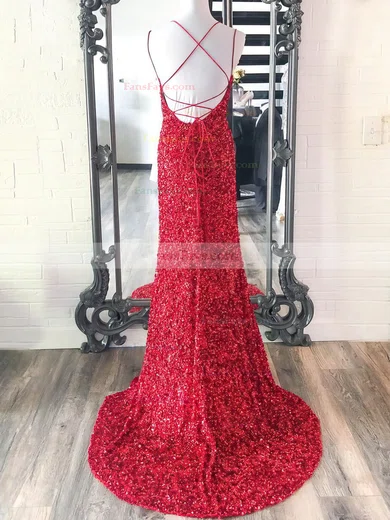 Sheath/Column Scoop Neck Sequined Sweep Train Split Front Prom Dresses #Favs020108039