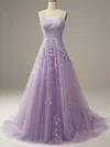 A-line Scoop Neck Tulle Lace Sweep Train Appliques Lace Prom Dresses #Favs020107971