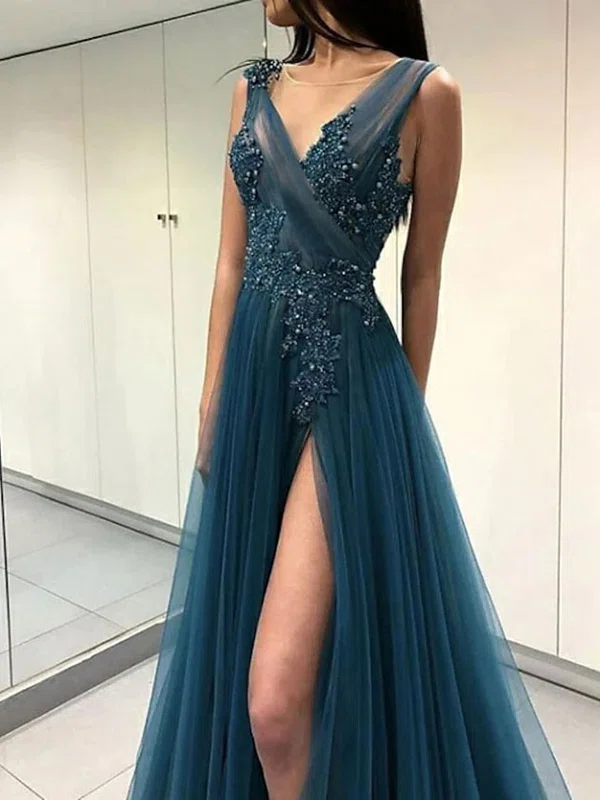 A-line Scoop Neck Tulle Sweep Train Beading Prom Dresses #Favs020107976