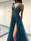 A-line Scoop Neck Tulle Sweep Train Beading Prom Dresses #Favs020107976
