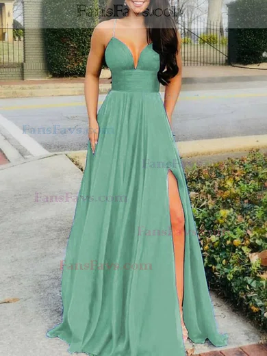 A-line V-neck Silk-like Satin Sweep Train Split Front Prom Dresses #Favs020107977