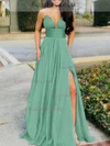 A-line V-neck Silk-like Satin Sweep Train Split Front Prom Dresses #Favs020107977