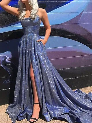 A-line Square Neckline Glitter Sweep Train Pockets Prom Dresses #Favs020107980 A-line Square Neckline Glitter Sweep Train Pockets Prom Dresses #Favs020107980