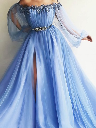 A-line Off-the-shoulder Tulle Sweep Train Sashes / Ribbons Prom Dresses #Favs020107981