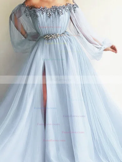 A-line Off-the-shoulder Tulle Sweep Train Sashes / Ribbons Prom Dresses #Favs020107981