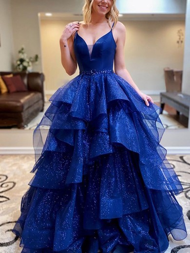 Ball Gown V-neck Glitter Sweep Train Sashes / Ribbons Prom Dresses #Favs020107989
